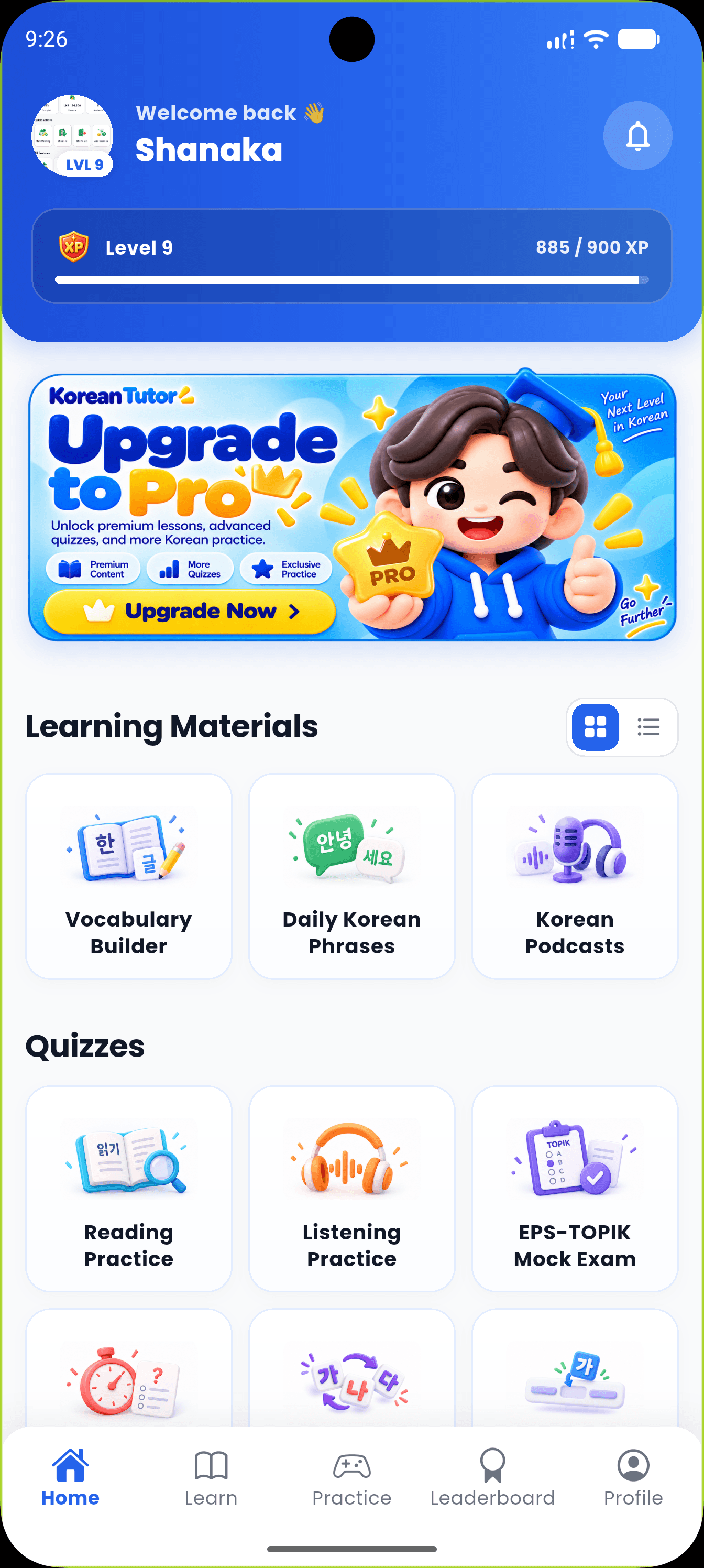 Korean Tutor home screen in an iPhone 15 Pro Max mockup, showing learning materials, quizzes, and level progress