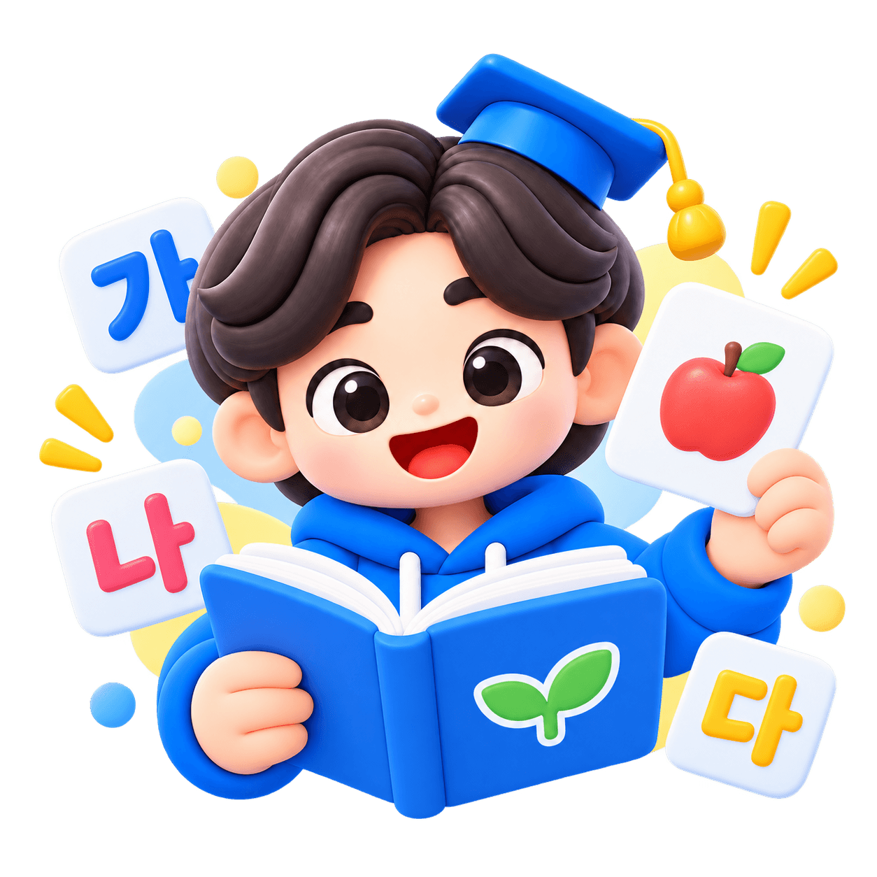 Korean Tutor mascot learning Korean words with picture cards